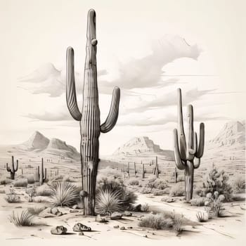 Plant called Cactus: Saguaro cactus in the desert, drawing by hand.