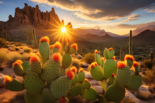 Plant called Cactus: cacti in the desert at sunset. 3d render.