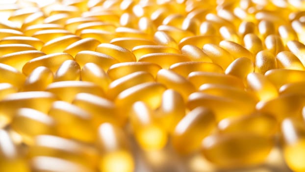 Close-up of golden omega three capsules. Dietary supplement fish oil.