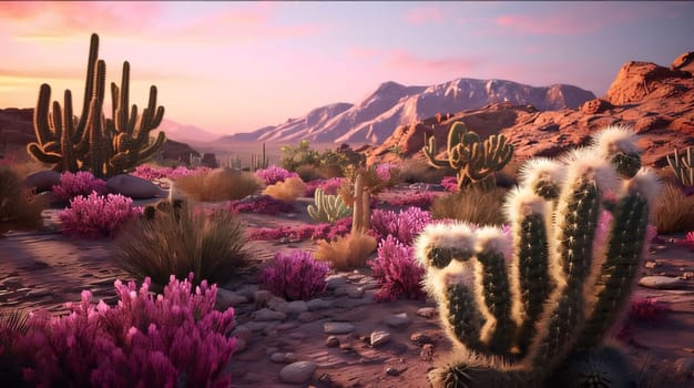 Plant called Cactus: cacti in the desert at sunset. 3D illustration.