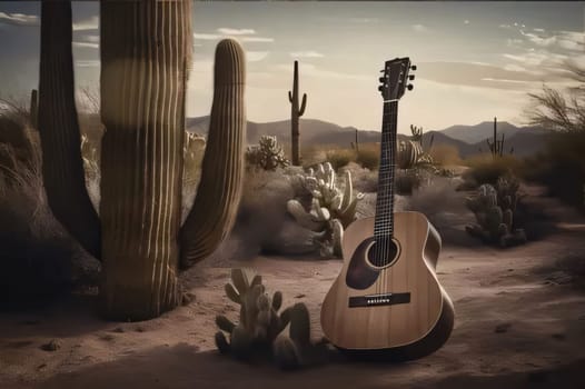 Plant called Cactus: Acoustic guitar in the desert with cacti in the background