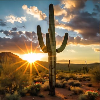 Plant called Cactus: Cactus against the background of the desert and high rocks and mountains. Sunset.