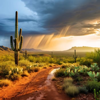 Plant called Cactus: Cacti against the background of the desert and high rocks and mountains. Sunrise and sunset.