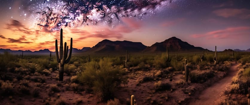 Cacti against the background of the desert and high rocks and mountains. Sunrise and sunset.