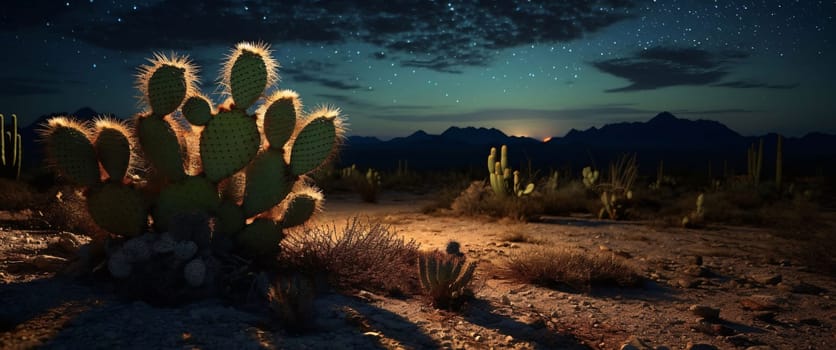 Plant called Cactus: cacti in the desert at night. 3D rendering.