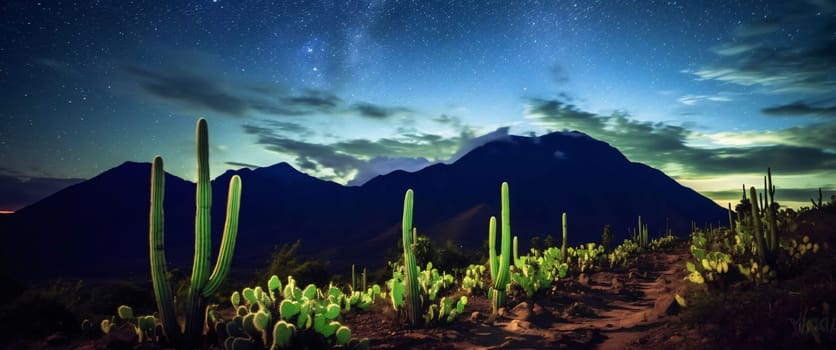 Plant called Cactus: cacti and mountains at night. Panoramic view.