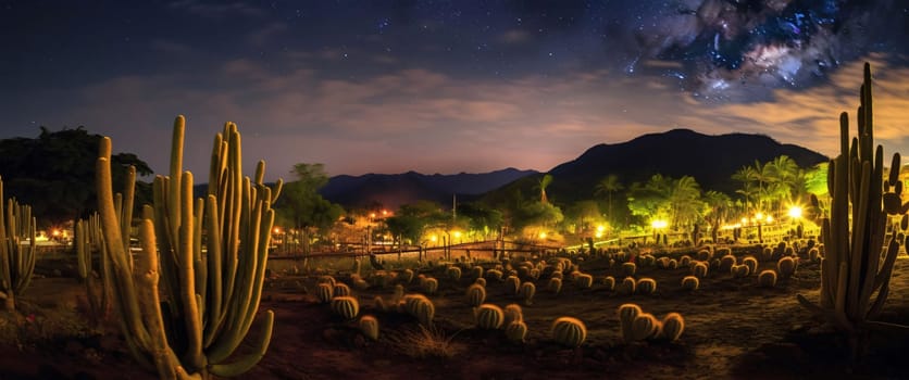 Plant called Cactus: cacti at night in the desert. 3D rendering.