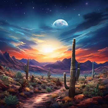 Plant called Cactus: Desert landscape with cacti and moon in the sky.