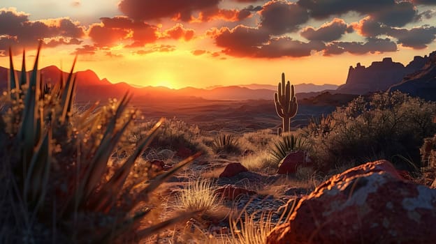 Plant called Cactus: Sunset over the desert and cacti. 3d render