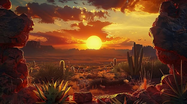 Plant called Cactus: Sunset in the desert with cacti. 3d render