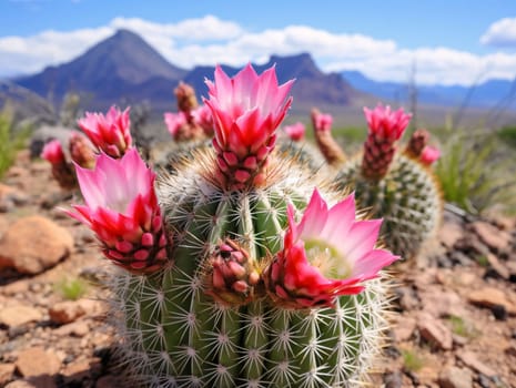 Plant called Cactus: Cacti with pink flowers against the background of the desert and high rocks and mountains.