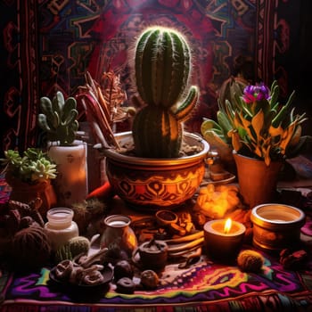Plant called Cactus: Still life with cactus, succulents and candles in oriental style