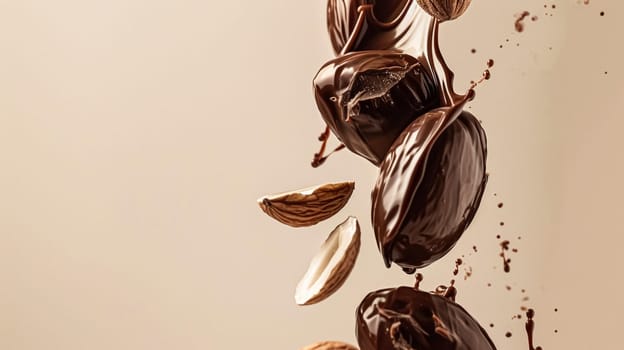 Nuts and chocolate splash, food dessert and confectionery industry