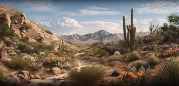 Plant called Cactus: Beautiful desert landscape with cacti and mountains in the background