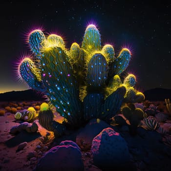 Plant called Cactus: cacti in the desert at night. 3D illustration.