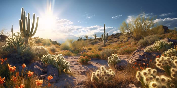 Plant called Cactus: Cacti against the background of the desert and high rocks and mountains.