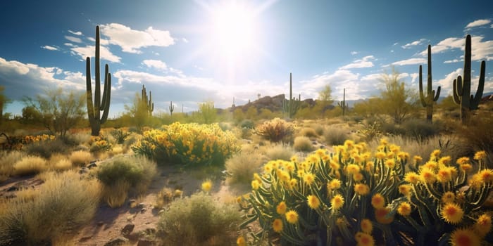 Plant called Cactus: Cacti against the background of the desert and high rocks and mountains.