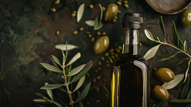 Olive oil bottle ad background with copyspace, vegetable oil commercial produce, food industry and retail concept