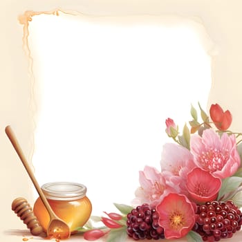 A frame adorned with honey, bees, fruits, and flowers against a light background creates a charming and visually appealing composition.