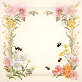 A frame embellished with bees and flowers against a light background creates a delightful and visually pleasing composition.