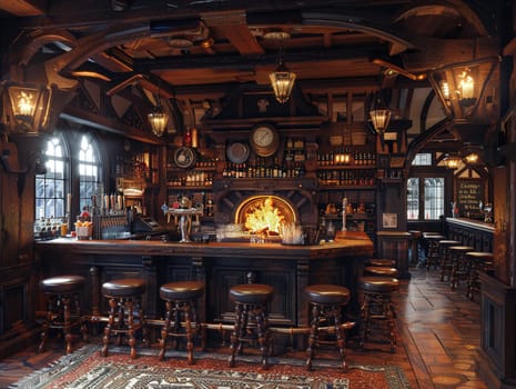 Old English pub with dark wood, cozy fireplaces, and traditional ale taps