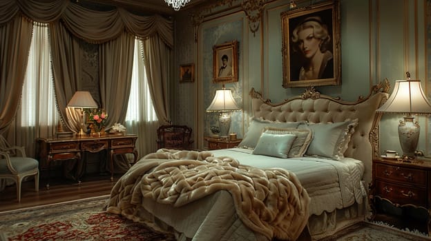 Old Hollywood glamour bedroom with satin drapes and vintage portraits