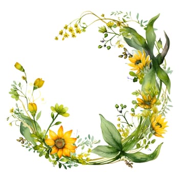 A frame adorned with yellow flowers and leaves is placed against a clean white background, forming a visually pleasing and harmonious composition.