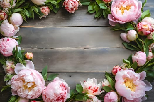 Elegant white and pink roses artfully placed on wood. Ample space for inscription or a banner, enhancing the graceful arrangement.