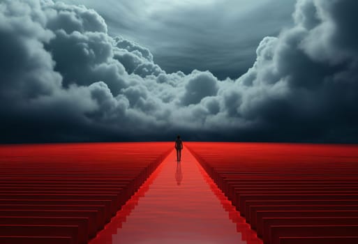 Black silhouette of a man in the middle of a red field on top of a cloud.Silhouette concept, tattoo artist.