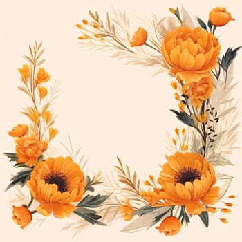 A frame embellished with orange flowers and leaves against a light background forms an elegant and visually appealing composition.