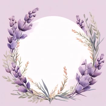 A frame embellished with lavender and leaves against a light background forms an elegant and visually appealing composition.