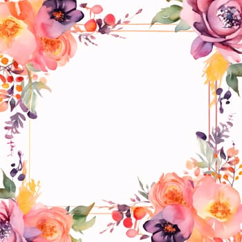 White blank card with space for your own content. All around decorations with colorful flowers and leaves. Graphic with space for your own content.