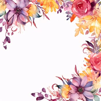 White blank card with space for your own content. All around decorations with colorful flowers and leaves. Graphic with space for your own content.