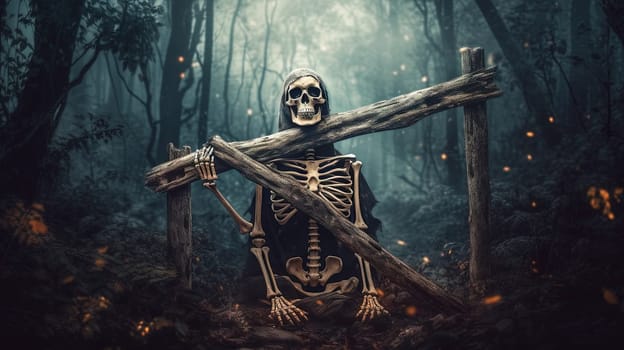 Scary skeleton in the forest on Halloween holidays. Spooky celebration invitation background. Generated AI