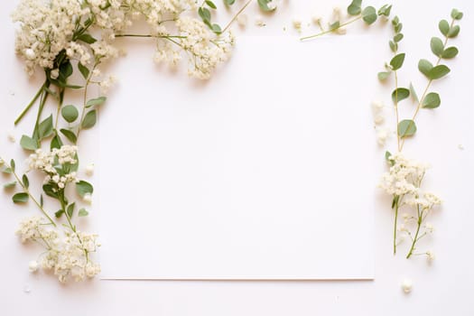 White blank card with space for your own content as an image. Around the decoration of small white flowers and green leaves. Graphic with space for your own content.