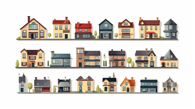 Set of cute residental houses in the neighborhood. Colorful architecture of suburb or village cottages. Generated AI