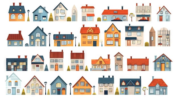 Set of cute residental houses in the neighborhood. Colorful architecture of suburb or village cottages. Generated AI