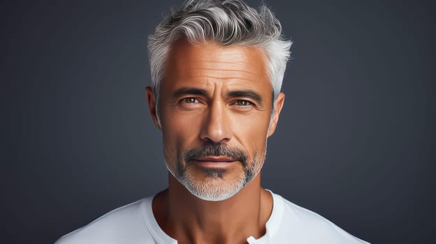 Handsome elderly elegant Latino with gray hair, on a gray background, banner, active old age. Advertising of cosmetic products, spa treatments, shampoos and hair care products, dentistry and medicine, perfumes and cosmetology for older men.