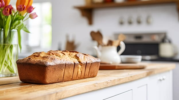 Banana bread in English country cottage, baking food and easy recipe idea for menu, food blog and cookbook inspiration