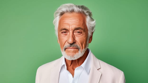 Handsome elderly elegant Latino with gray hair, on a light green background, banner, active aging. Advertising of cosmetic products, spa treatments, shampoos and hair care products, dentistry and medicine, perfumes and cosmetology for older men.