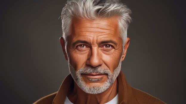 Handsome elderly elegant latino with gray hair, on creamy beige background, banner, active aging. Advertising of cosmetic products, spa treatments, shampoos and hair care products, dentistry and medicine, perfumes and cosmetology for older men.