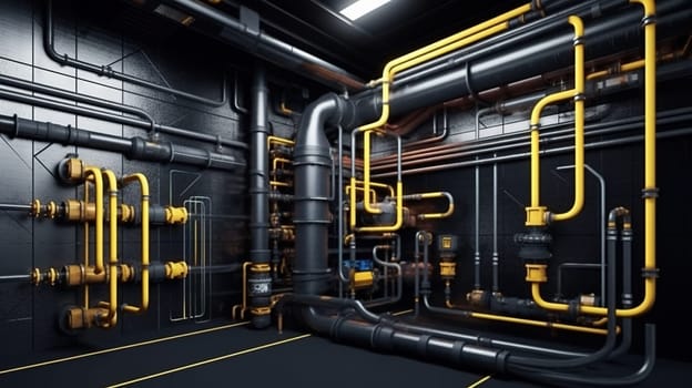 Industrial plant background with shiny pipes. Generated AI