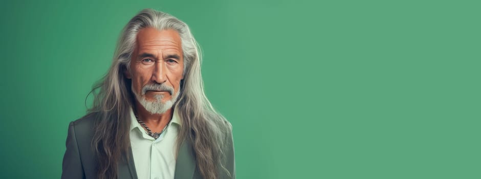 Handsome elderly Latino with long gray hair, on a light green background, banner. Advertising of cosmetic products, spa treatments, shampoos and hair care products, dentistry and medicine, perfumes and cosmetology for older men.