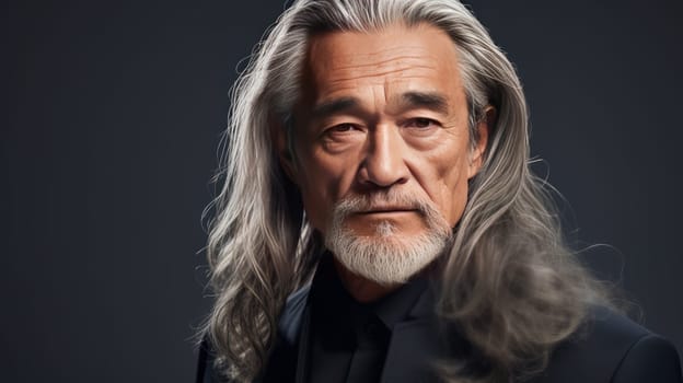Handsome elderly Latino with long gray hair, on a gray background, banner. Advertising of cosmetic products, spa treatments, shampoos and hair care products, dentistry and medicine, perfumes and cosmetology for older men.