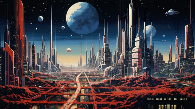 Retro futuristic city in the old school sci-fi art scene. Retro space landscape with city. Generated AI