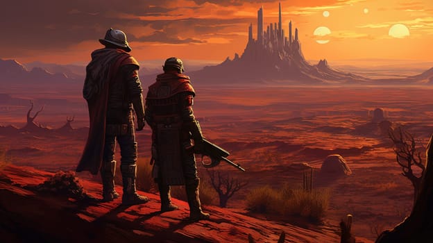 Space cowboys in sci-fi western scene. Sci-fi warriors of the wasteland. Generated AI