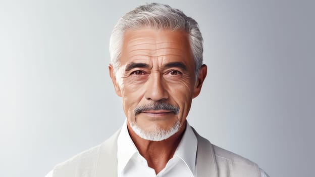 Handsome elderly elegant Latino with gray hair, on a white background, banner, active old age. Advertising of cosmetic products, spa treatments, shampoos and hair care products, dentistry and medicine, perfumes and cosmetology for older men.