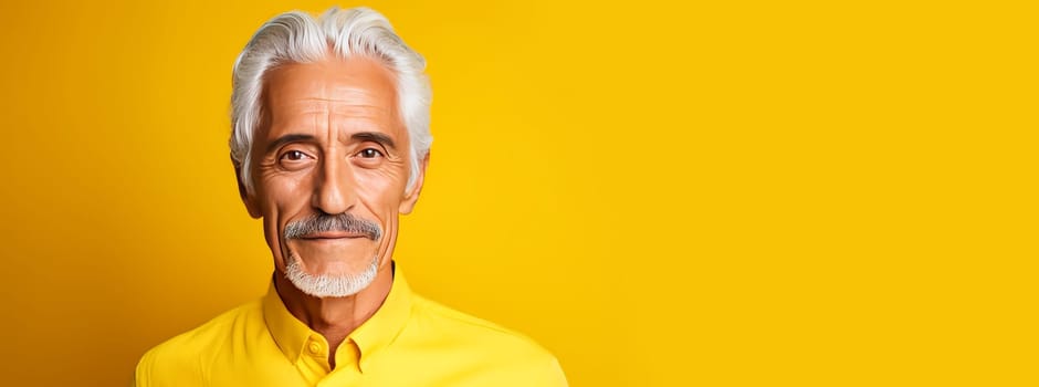 Handsome elderly elegant Latino with gray hair, on a yellow background, banner, active old age. Advertising of cosmetic products, spa treatments, shampoos and hair care products, dentistry and medicine, perfumes and cosmetology for older men.