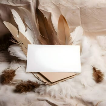 A white blank sheet of paper surrounded by fluffy white feathers.