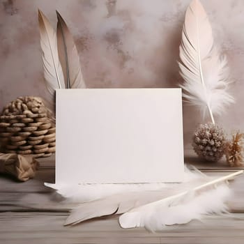 A white blank sheet of paper surrounded by fluffy white feathers.